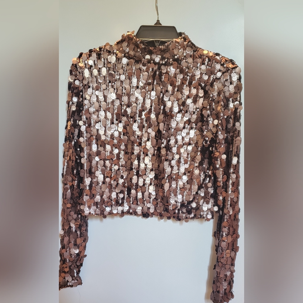 DKNY Sequin Long Sleeve Top - Brown and Gold